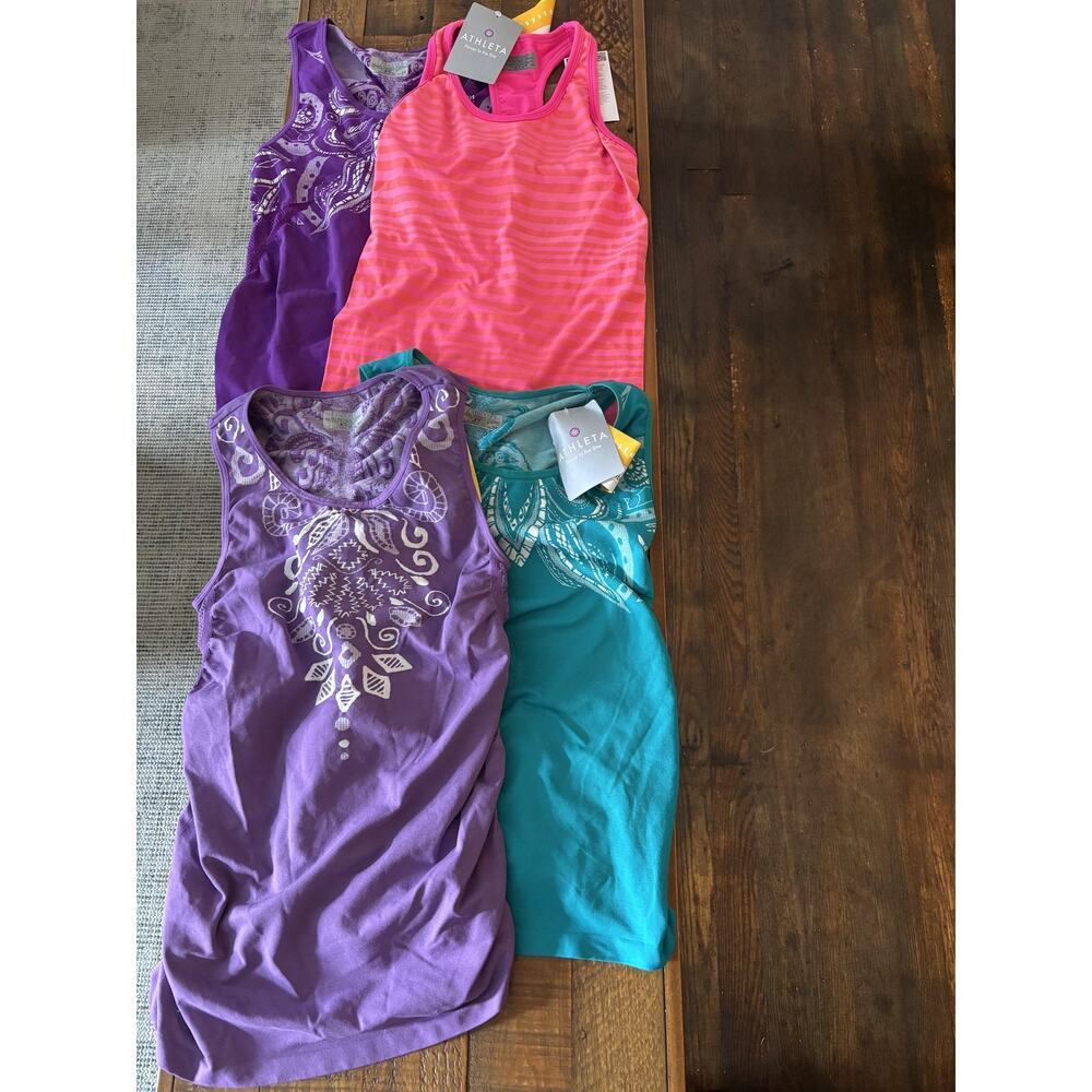 Athleta Stride Top Tank Womens XS Purple Pink Teal Seamless Ruched Workout 4